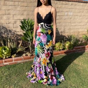 Couture Floral Print Silk Long Dress